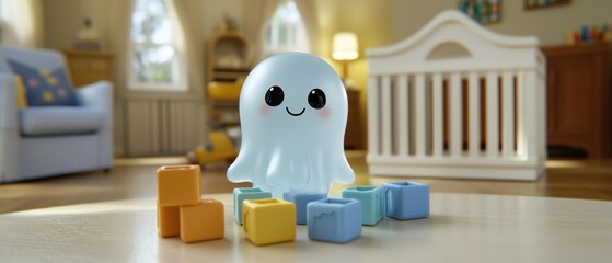 A toy ghost stands on a table surrounded by colorful toy blocks in a room with a crib and other furniture. AI.