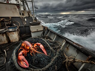 Lobster in a net on a boat with choppy water and dark clouds. AI.