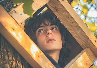 A person is looking upwards from within a wooden structure. The sky and leaves are visible in the background. AI.