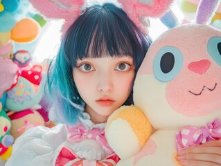 Girl with blue hair and bunny ears holds a plush rabbit. She wears a frilly top and a bow. AI.