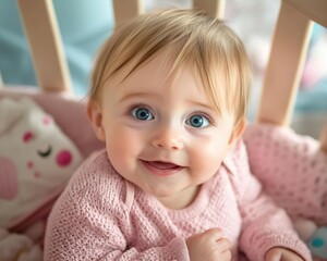 Baby in a pink sweater smiles with blue eyes in a crib with a pillow and wooden bars. AI.