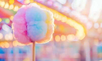 Colorful cotton candy on a stick. Bokeh lights are visible in the background. AI.