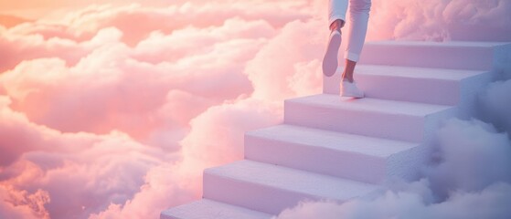 Person in white clothes and shoes walks up a staircase surrounded by clouds. AI.