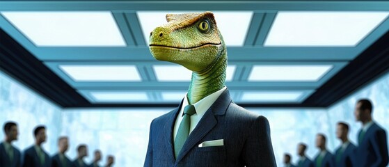 A dinosaur with a business suit stands in front of a crowd of business people. AI.