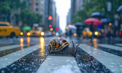 Snail crosses a wet city street. The background shows cars and people with umbrellas in the rain. AI.