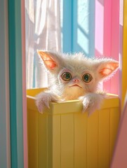 A furry, white creature with large eyes looks out from a yellow box near striped pastel walls. AI.