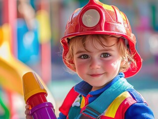 A child in a red firefighter helmet holds a colorful toy. The background shows blurred play equipment. AI.