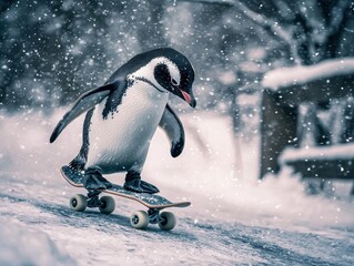 A penguin with black and white feathers rides a skateboard on a snowy surface. Snow is falling. AI.