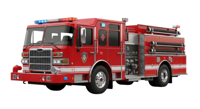 Red fire engine truck isolated PNG with Transparent Background