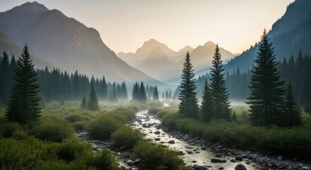 Idyllic mountain landscape featuring river, forest, and distant peaks