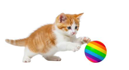 Ginger kitten playing with rainbow ball isolated PNG with Transparent Background
