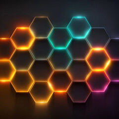 Hexagon Abstract: An intricate network of vibrant, glowing hexagons forms an eye-catching and contemporary design on a dark backdrop. Illustrating technological innovation.