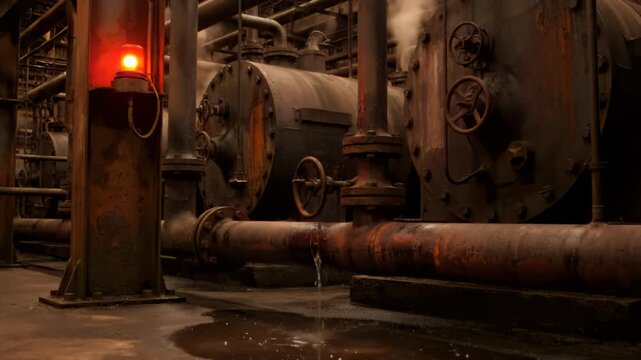 Industrial boiler room with dripping pipes and red beacon
