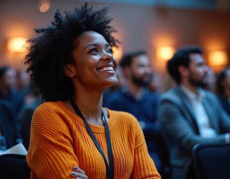 Young African American woman smiles confidently at corporate conference. She wears an orange sweater, looking up thoughtfully, embracing future opportunity and success. Diversity, inclusion themes.