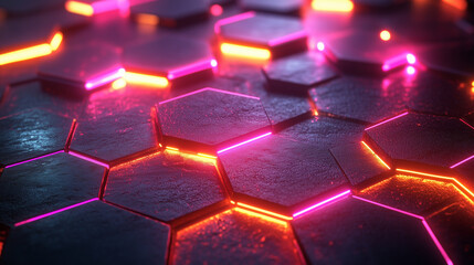 Hexagonal Abstraction: A neon-lit array of hexagonal cells creates a dynamic visual experience. The polished reflective surfaces and vibrant colors enhance a sense of futuristic design.