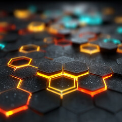 Abstract Hexagon Array: An abstract representation of a technologically advanced surface, featuring a honeycomb pattern with vibrant glowing hexagonal cells.