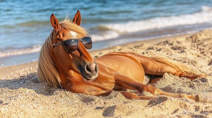 A brown horse with a blonde mane rests on a sandy beach while wearing dark sunglasses. AI.