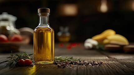 A clear glass bottle of golden olive oil sits on a rustic wooden surface, surrounded by sprigs of rosemary, cherry tomatoes, peppercorns, 