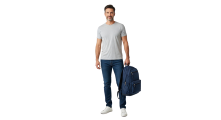 Man holding a backpack in his hand while wearing a t-shirt and jeans isolated PNG with Transparent Background