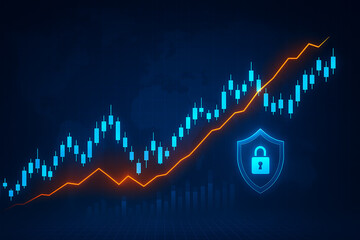 Cybersecurity in financial trading with candlestick stock chart showing secure investment data protection technology