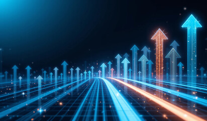 Glowing arrows rise from a digital grid in blue and orange tones, symbolizing growth, progress, and innovation in a futuristic tech-driven landscape.