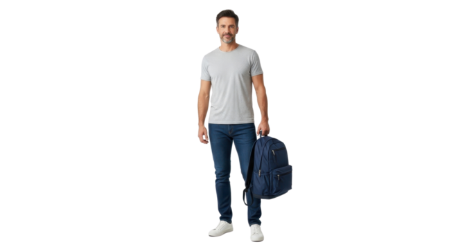 Man holding a backpack in his hand while wearing a t-shirt and jeans isolated PNG with Transparent Background