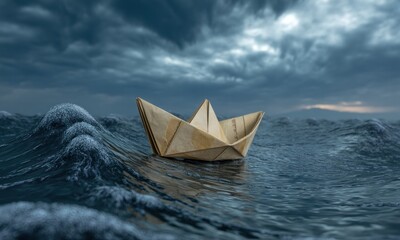 Obraz premium A small, origami paper boat, light beige/tan colored, navigates choppy, dark blue waves amidst a stormy sky