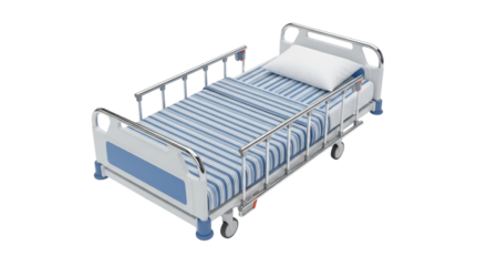 Hospital bed with pillow and striped bedding isolated PNG with Transparent Background
