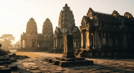 Fototapeta premium Ancient stone structures, bathed in golden sunrise light, stand majestically in a serene Asian temple complex