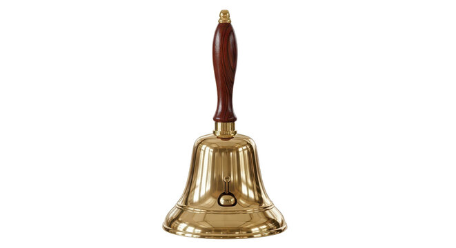 Shiny brass hand bell with wooden handle isolated PNG with Transparent Background
