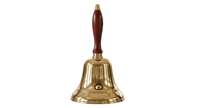 Shiny brass hand bell with wooden handle isolated PNG with Transparent Background