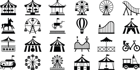 Amusement park icons, carnival ride clipart, ferris wheel silhouette, circus tent vector, fairground attraction symbols, funfair and festival