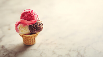 vanilla. Colorful ice cream in a waffle cone, a tempting and delightful dessert display. menu design, packaging mockups, designed for food delivery and cloud-kitchen brand materials.