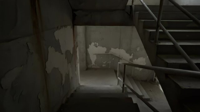 Minimal brutalist stairwell with concrete spalls and rust streaks