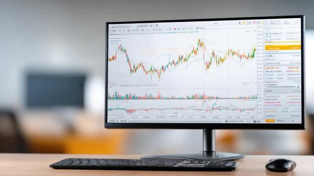 Stock Market Analysis: A close-up shot captures a modern computer monitor displaying complex stock market data. The focus on graphs, charts, and numbers against a blurred office environment