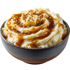 Mashed potatoes with gravy in ceramic bowl, isolated PNG, no background
