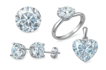 Glittering jewelry collection featuring heart pendant, ring, earrings, loose diamond against transparent backdrop
