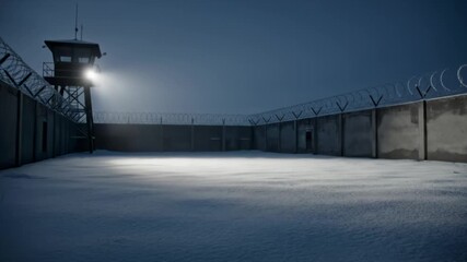 Snowbound prison yard at dusk with frosted razor wire - Powered by Adobe