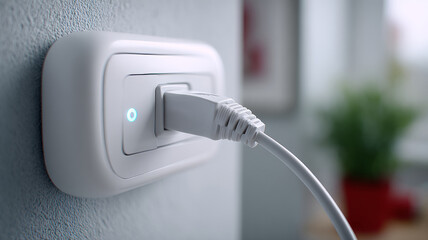 Electrical plug inserted into a white wall socket.