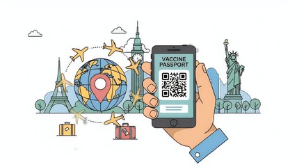 Digital vaccine passport displayed on phone global travel destinations in background - Powered by Adobe