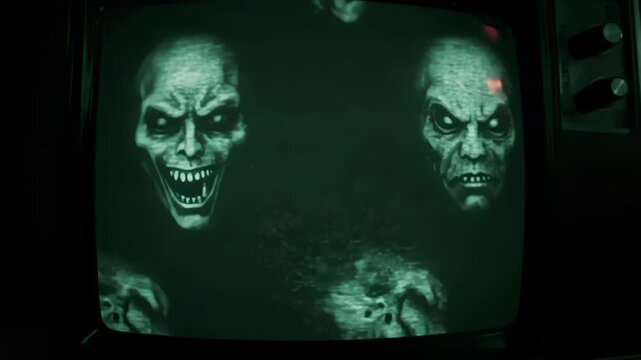 Analog-horror CRT wall with demonic faces in static