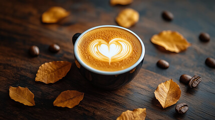 Latte Art Heart: A close-up view of a beautifully crafted latte, adorned with heart-shaped foam art. Surrounded by autumn leaves and coffee beans.