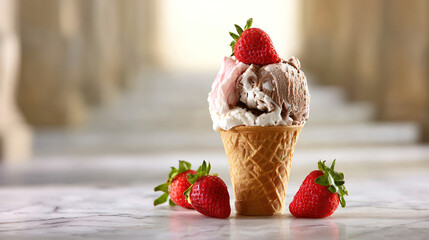 vanilla. Colorful ice cream in a waffle cone, a tempting and delightful dessert display. menu design, packaging mockups, designed for food delivery and cloud-kitchen brand materials.