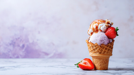 vanilla. Colorful ice cream in a waffle cone, a tempting and delightful dessert display. menu design, packaging mockups, designed for food delivery and cloud-kitchen brand materials.