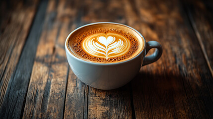 Latte Art Delight: A freshly brewed latte, adorned with an exquisite heart-shaped latte art design, rests on a rustic wooden surface. It is a captivating blend of warmth and artistry.