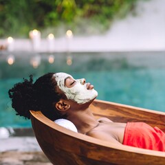 Woman relaxing with face mask by pool (1)