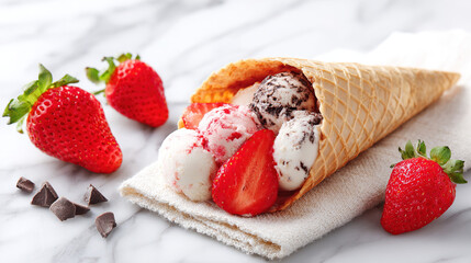vanilla. Colorful ice cream in a waffle cone, a tempting and delightful dessert display. menu design, packaging mockups, designed for food delivery and cloud-kitchen brand materials.