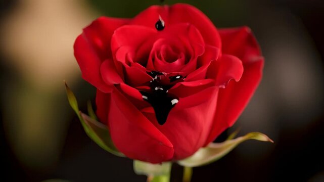 Thorny rose dripping black ink in macro velvet light