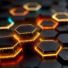Hexagonal Hive: A futuristic close-up showcases glowing hexagonal structures in shades of orange, set against a dark, textured backdrop, creating a dynamic visual effect of technology and data.