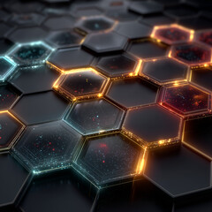 Hexagonal Technological Network: A captivating, hyperrealistic 3D render of a hexagonal network pulsates with an array of vibrant, dynamic lighting, reflecting technological advancements.